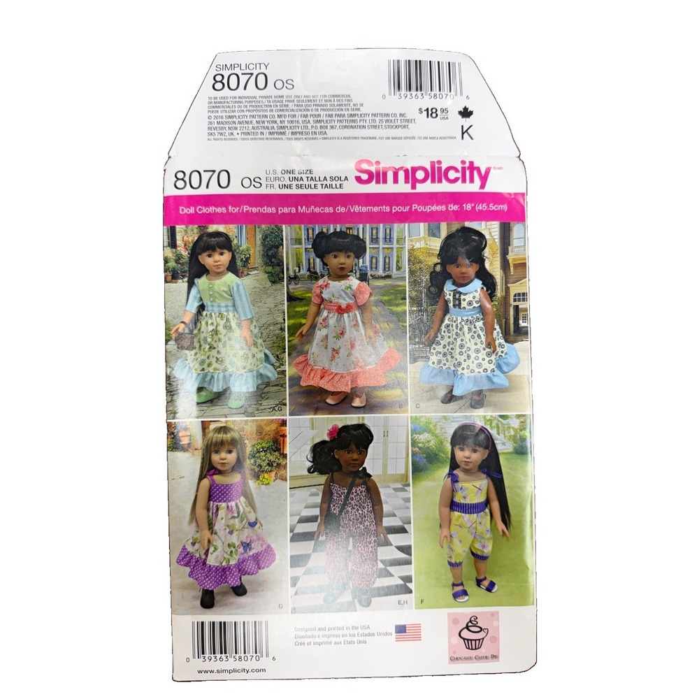 Simplicity 8070 18" Doll Clothes Sewing Pattern UNCUT American Girl Size 2016